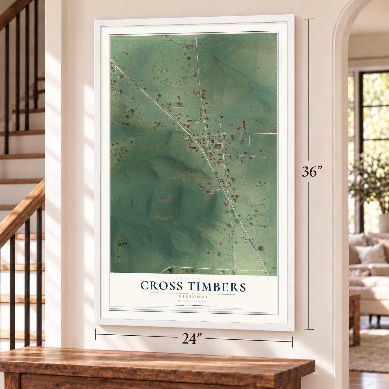 Cross Timbers, Missouri map, 24 x 36 inch print in a white frame by a staircase