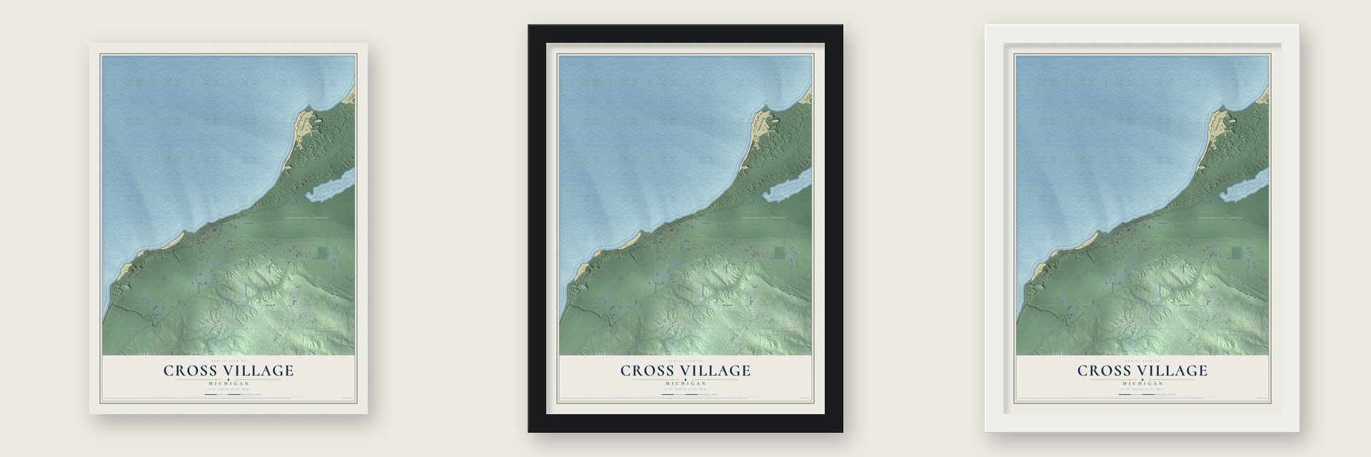 Cross Village, Michigan map unframed, in a black wood frame and in a white wood frame
