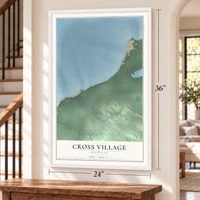 Cross Village, Michigan map, 24 x 36 inch print in a white frame by a staircase