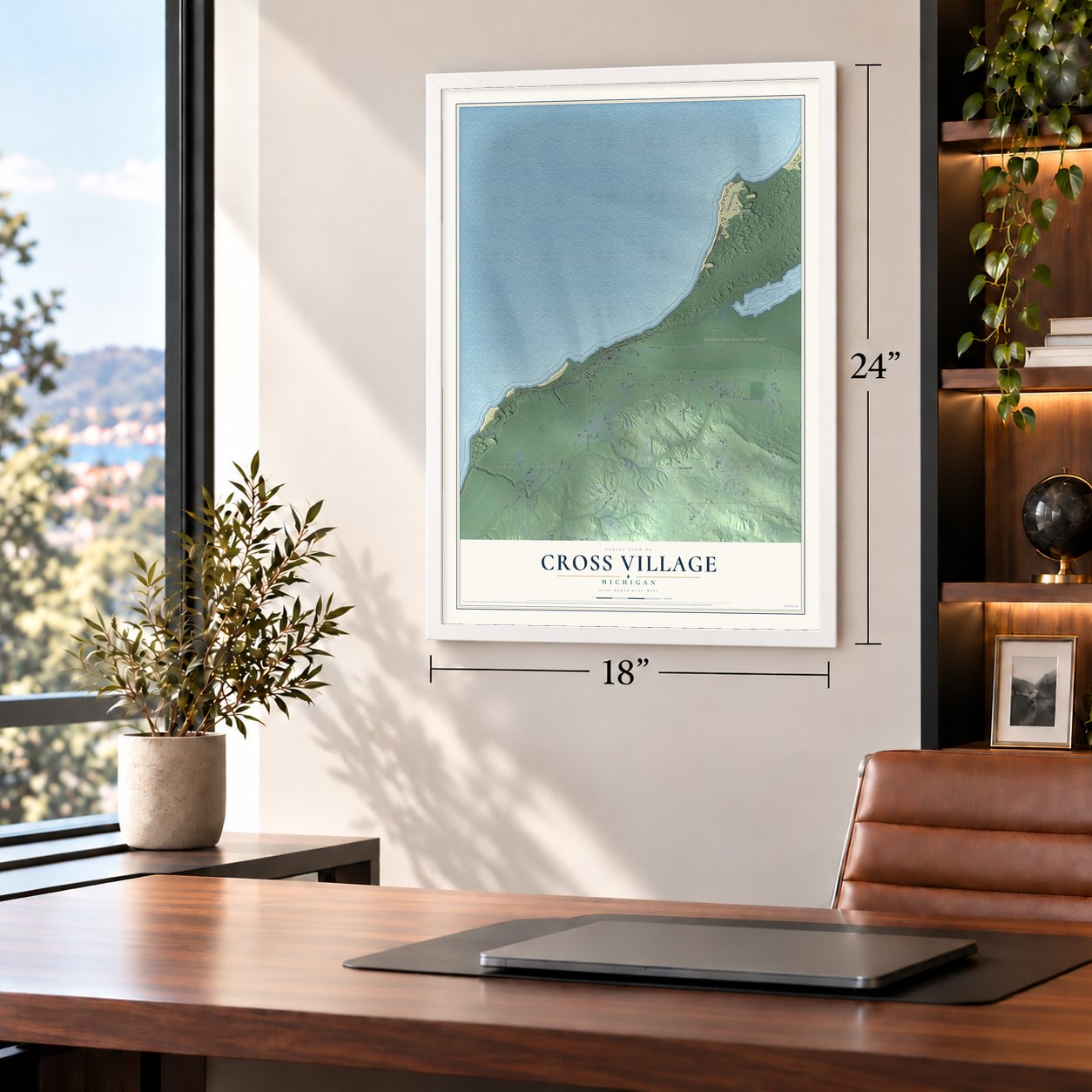 Cross Village, Michigan map, 18 x 24 inch print in a white frame in a home office