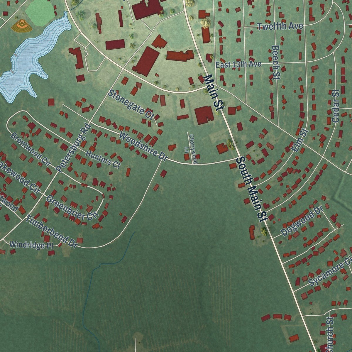 Second close-up of the map of Crossett, Arkansas print showing more streets and buildings