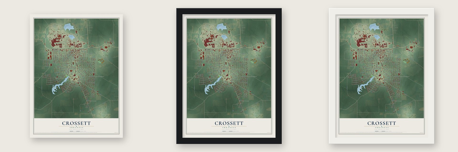 Crossett, Arkansas map unframed, in a black wood frame and in a white wood frame