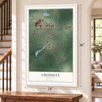 Crossett, Arkansas map, 24 x 36 inch print in a white frame by a staircase