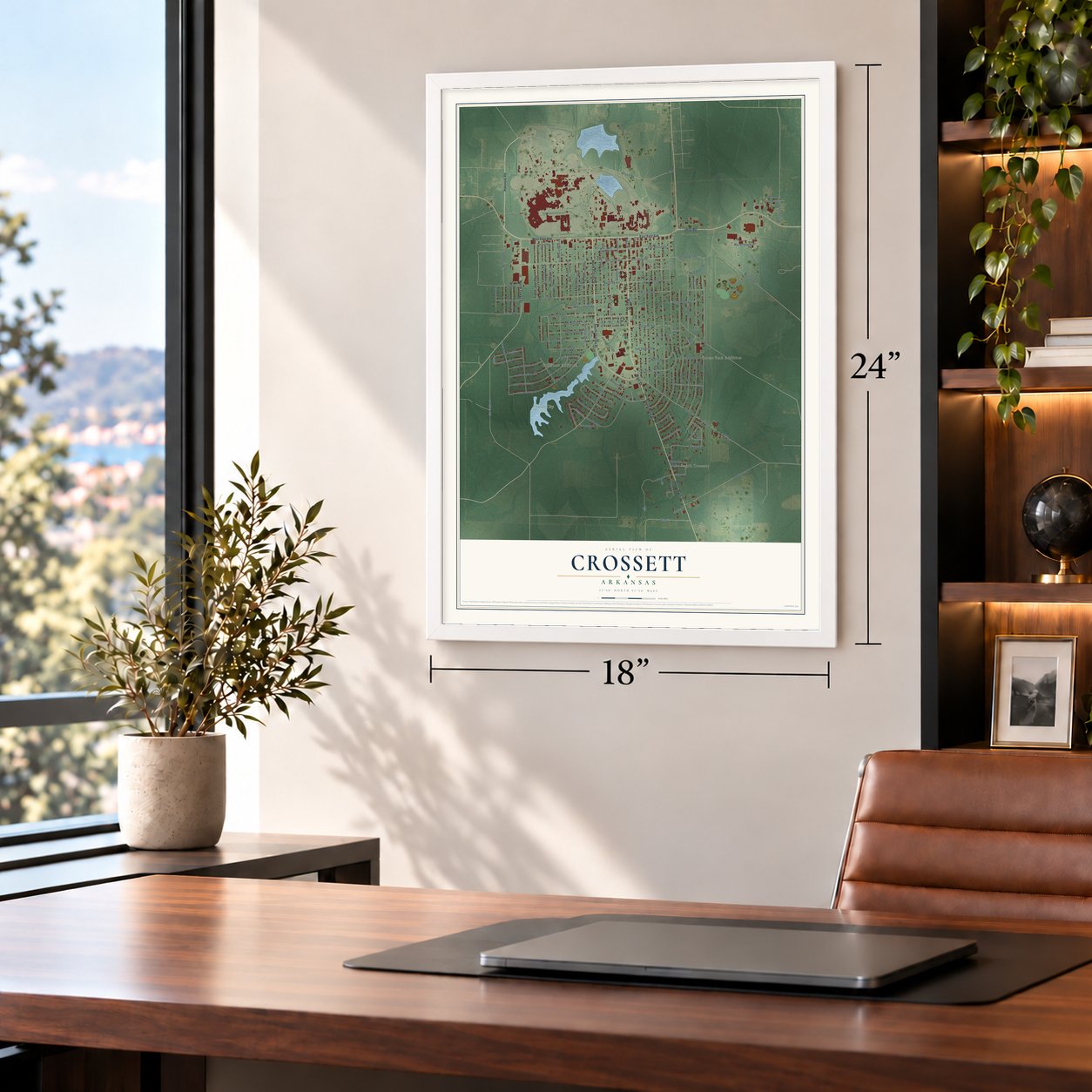 Crossett, Arkansas map, 18 x 24 inch print in a white frame in a home office