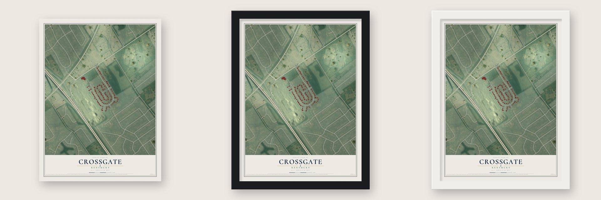 Crossgate, Kentucky map unframed, in a black wood frame and in a white wood frame