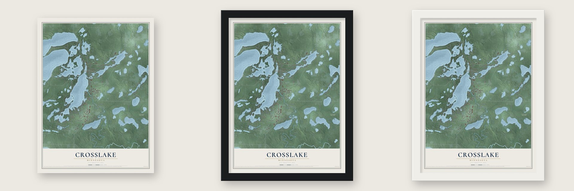 Crosslake, Minnesota map unframed, in a black wood frame and in a white wood frame