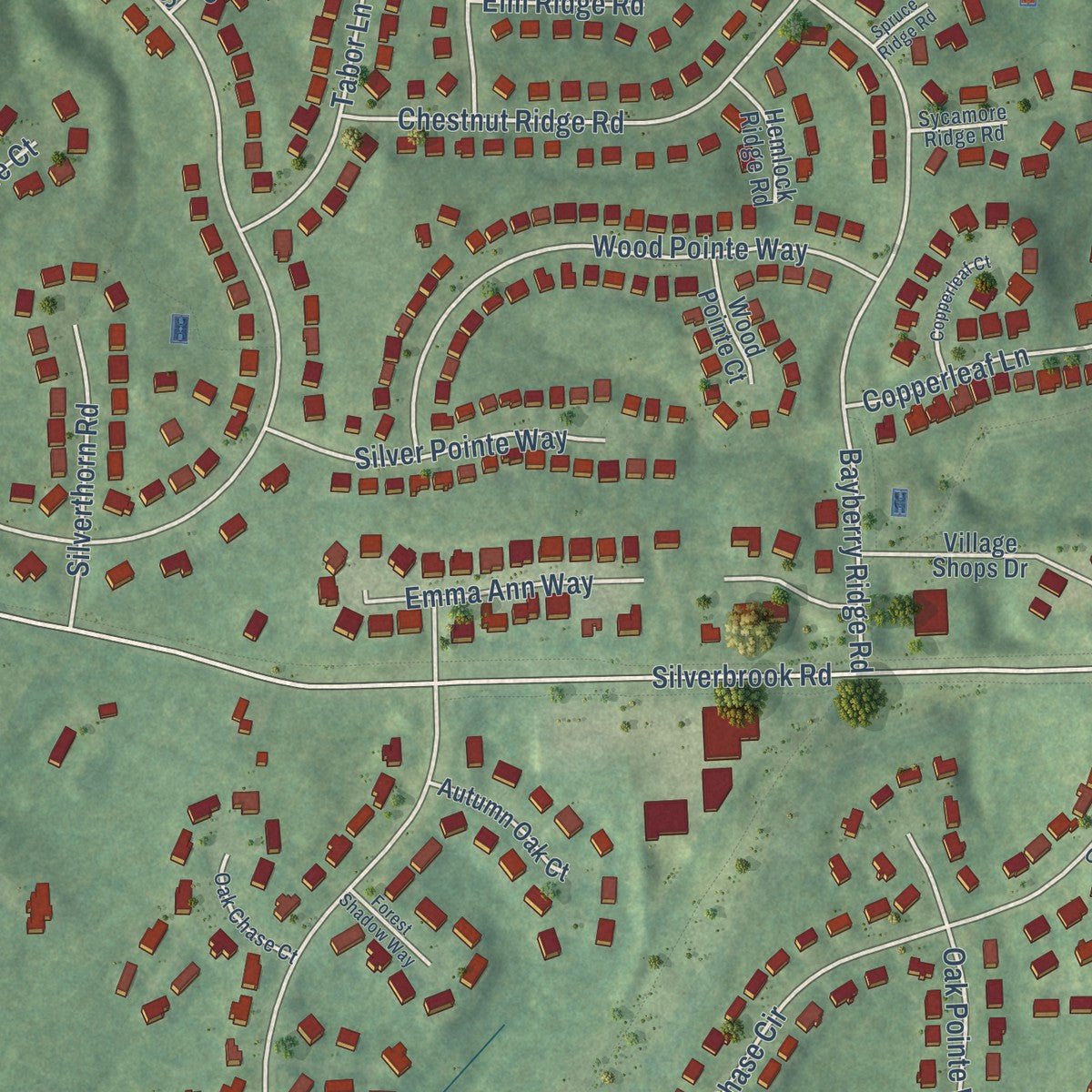 Second close-up of the map of Crosspointe, Virginia print showing more streets and buildings