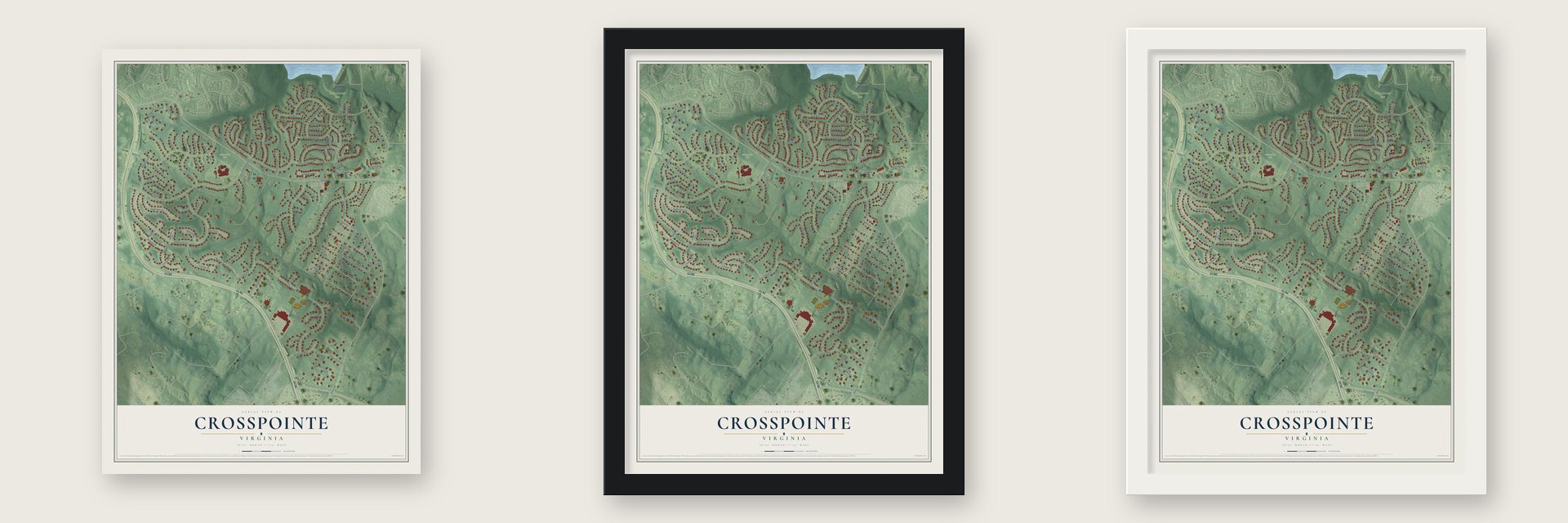 Crosspointe, Virginia map unframed, in a black wood frame and in a white wood frame
