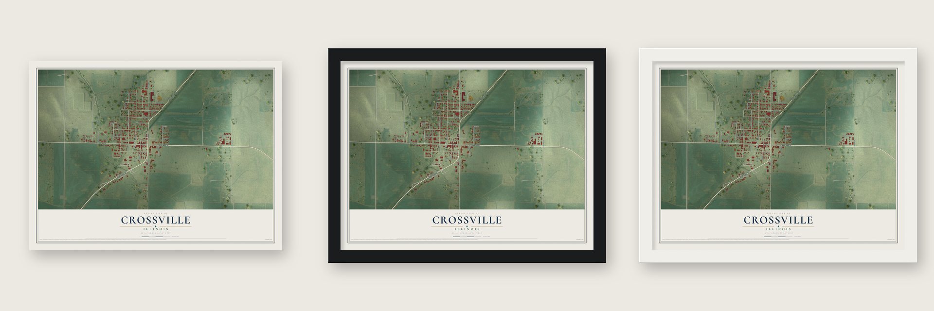 Crossville, Illinois map unframed, in a black wood frame and in a white wood frame