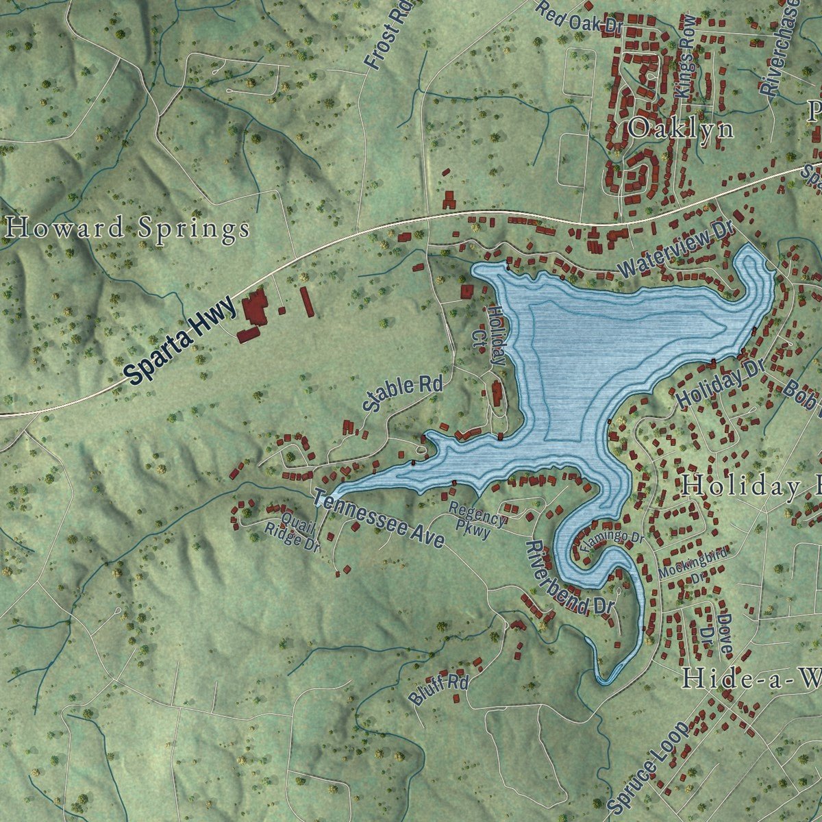 Second close-up of the map of Crossville, Tennessee print showing more streets and buildings