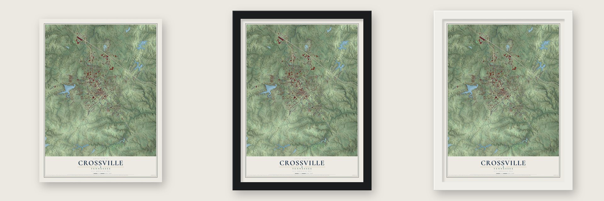 Crossville, Tennessee map unframed, in a black wood frame and in a white wood frame