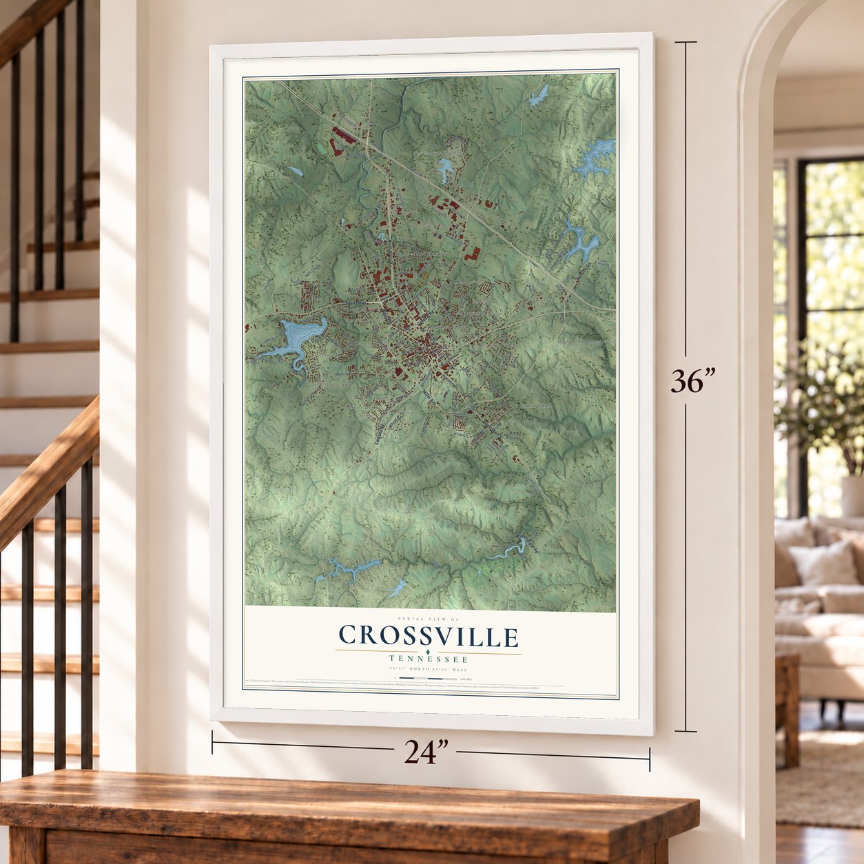 Crossville, Tennessee map, 24 x 36 inch print in a white frame by a staircase