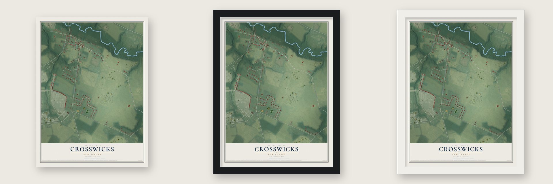 Crosswicks, New Jersey map unframed, in a black wood frame and in a white wood frame