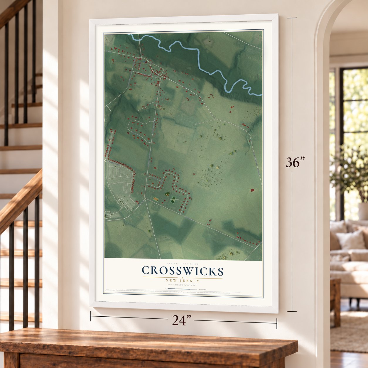 Crosswicks, New Jersey map, 24 x 36 inch print in a white frame by a staircase