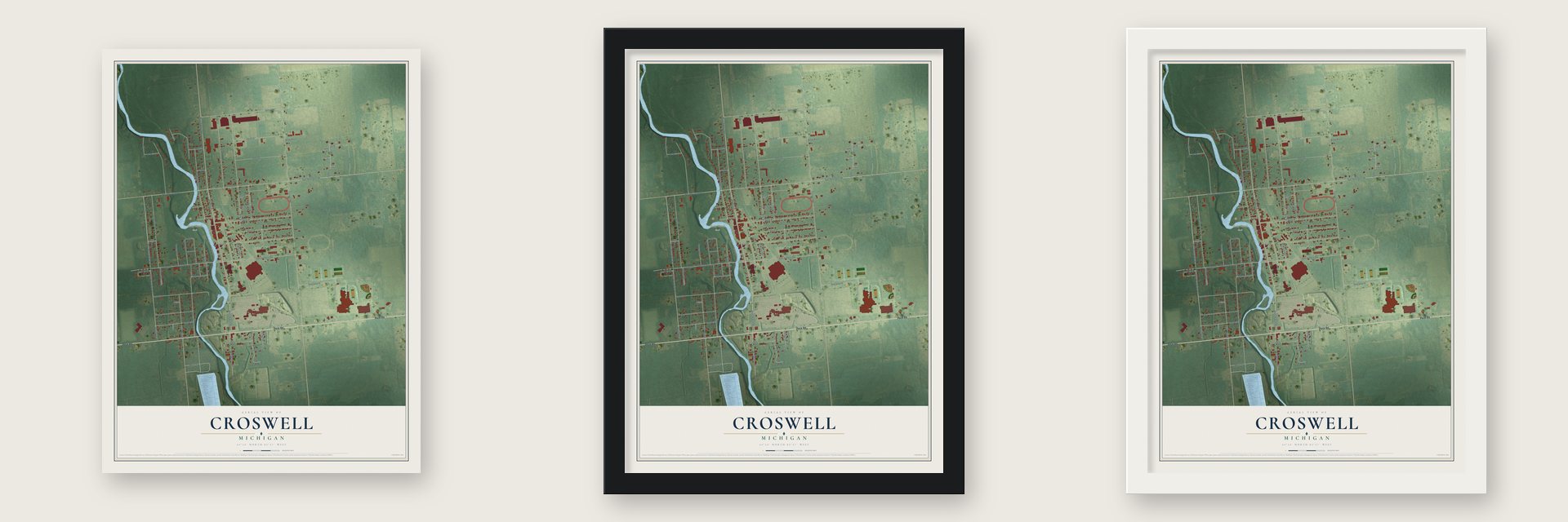Croswell, Michigan map unframed, in a black wood frame and in a white wood frame