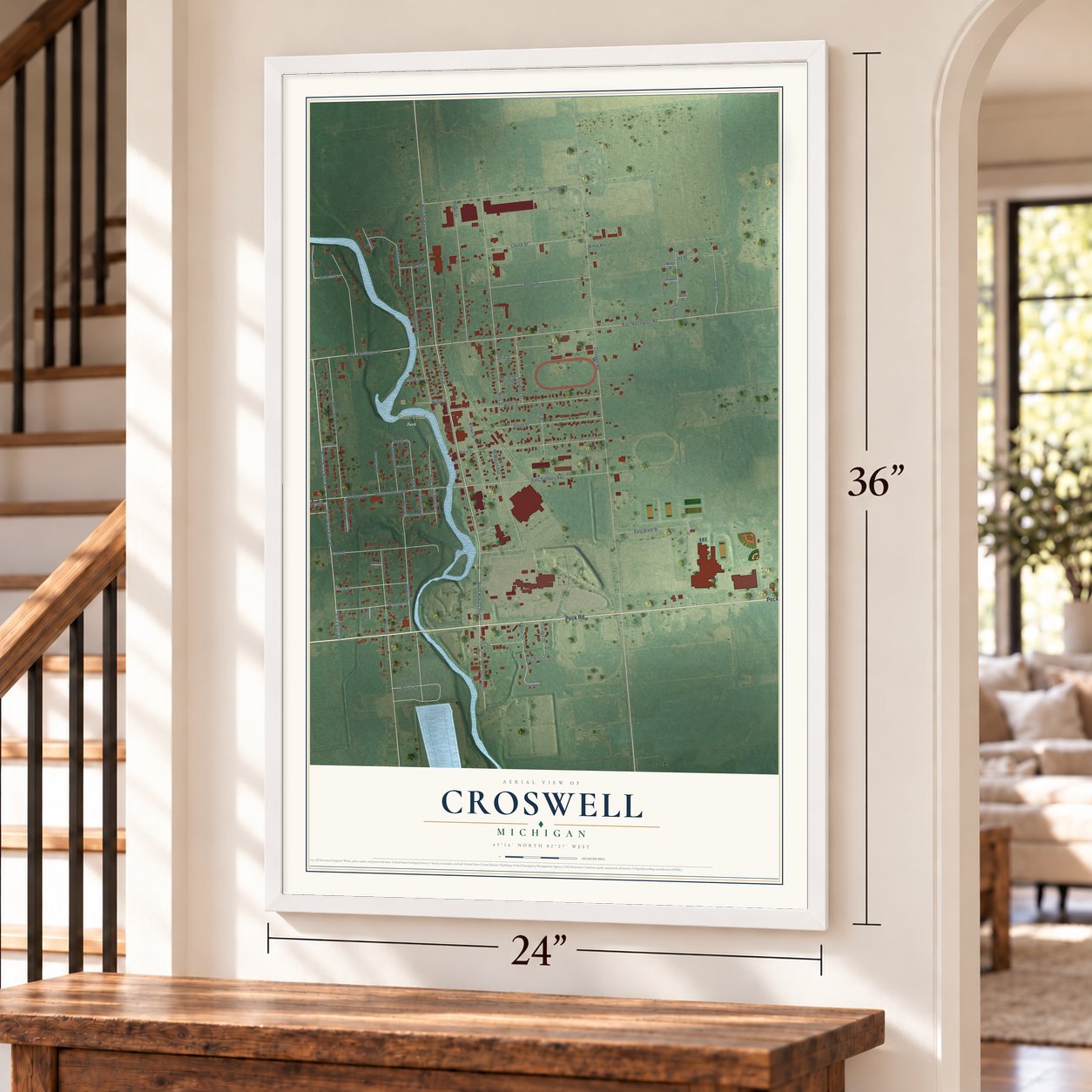 Croswell, Michigan map, 24 x 36 inch print in a white frame by a staircase