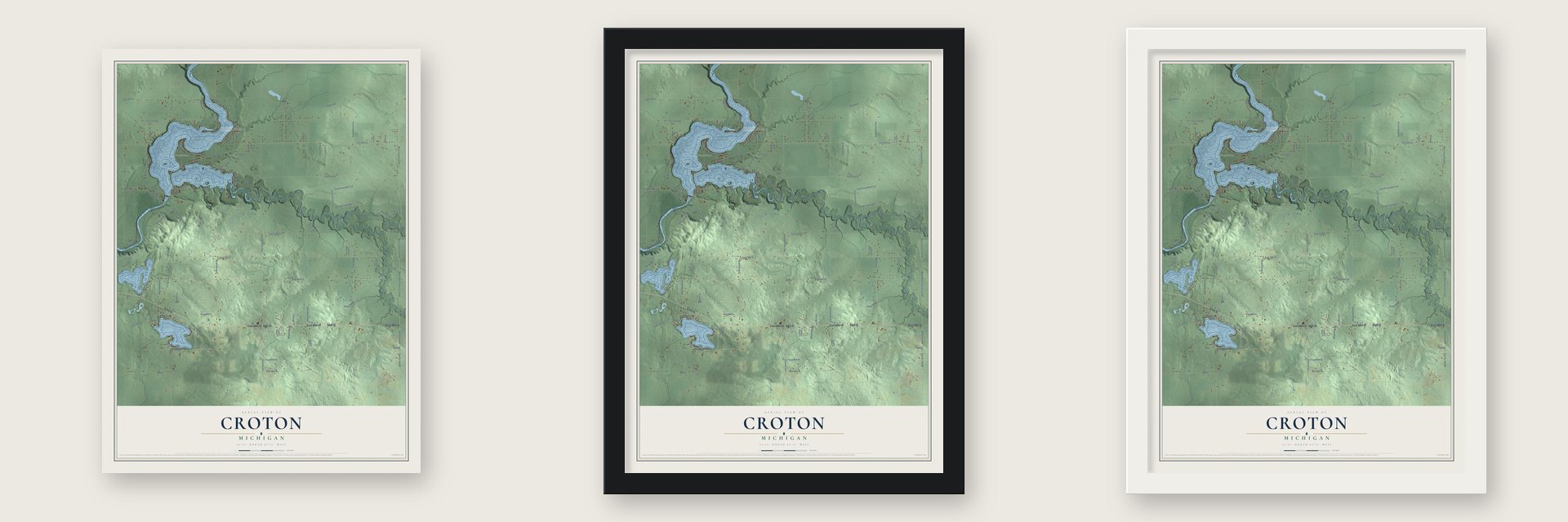Croton, Michigan map unframed, in a black wood frame and in a white wood frame