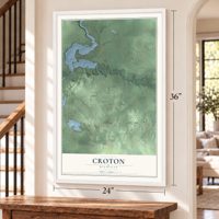 Croton, Michigan map, 24 x 36 inch print in a white frame by a staircase