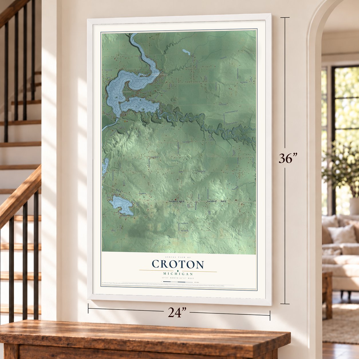 Croton, Michigan map, 24 x 36 inch print in a white frame by a staircase