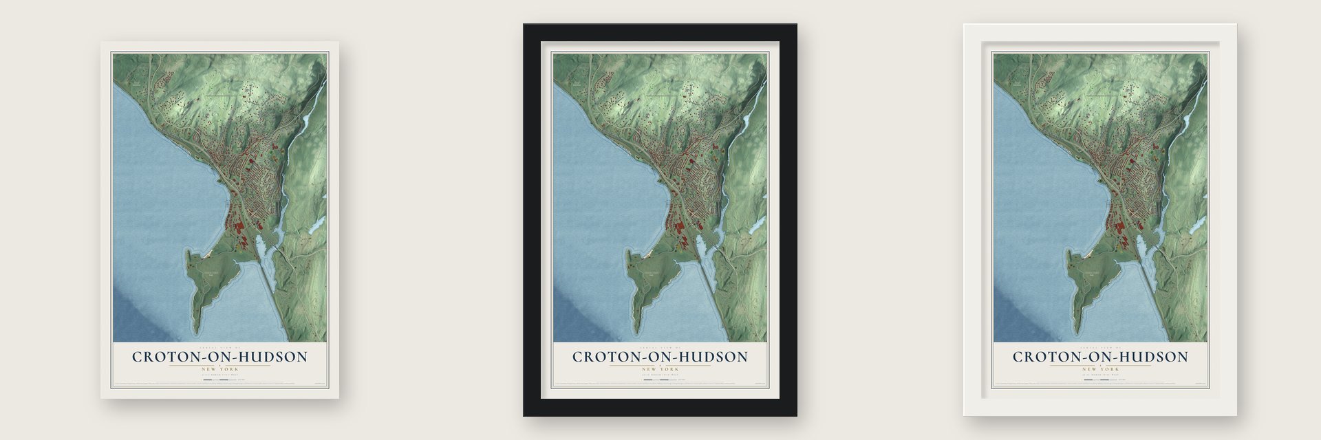 Croton-on-Hudson, New York map unframed, in a black wood frame and in a white wood frame