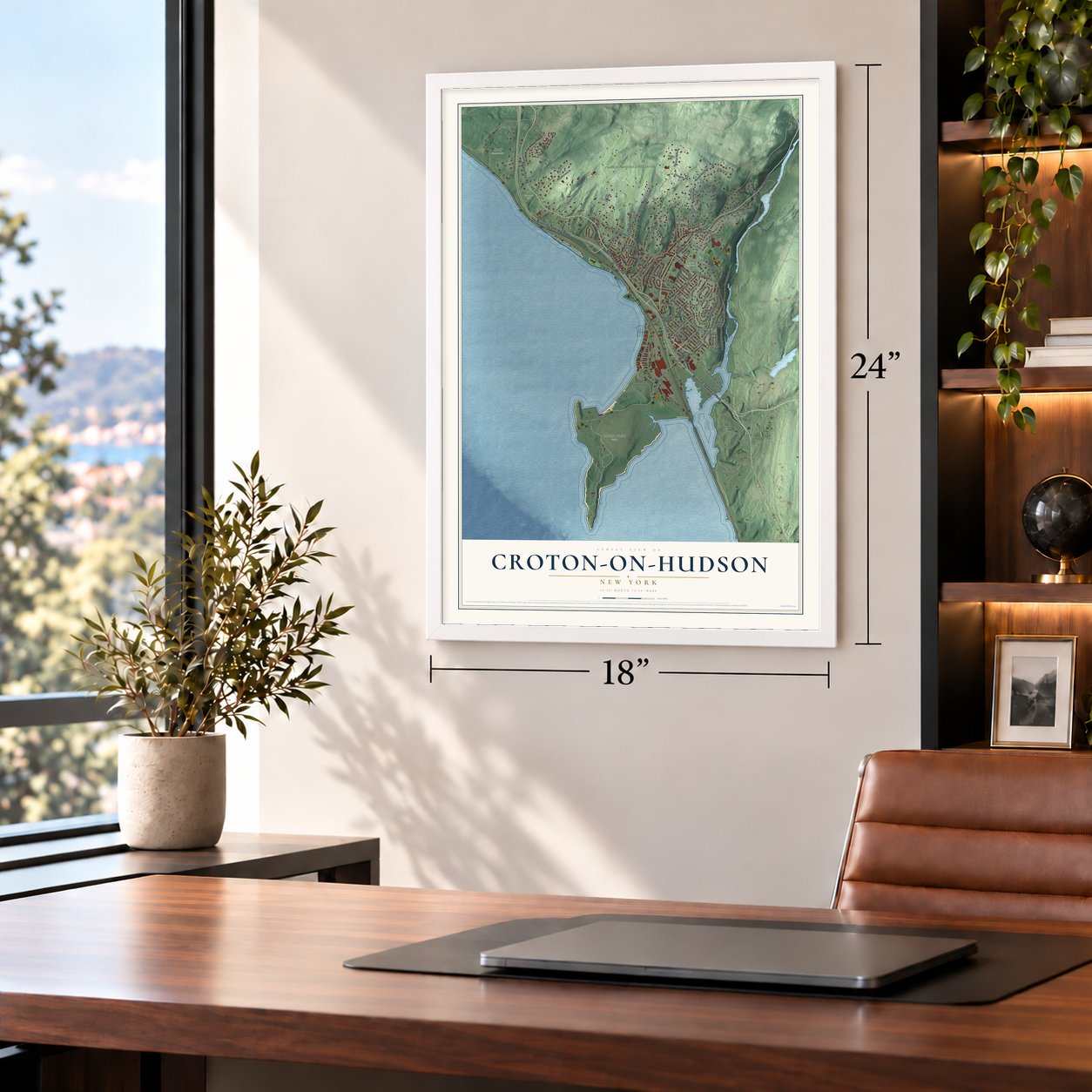 Croton-on-Hudson, New York map, 18 x 24 inch print in a white frame in a home office