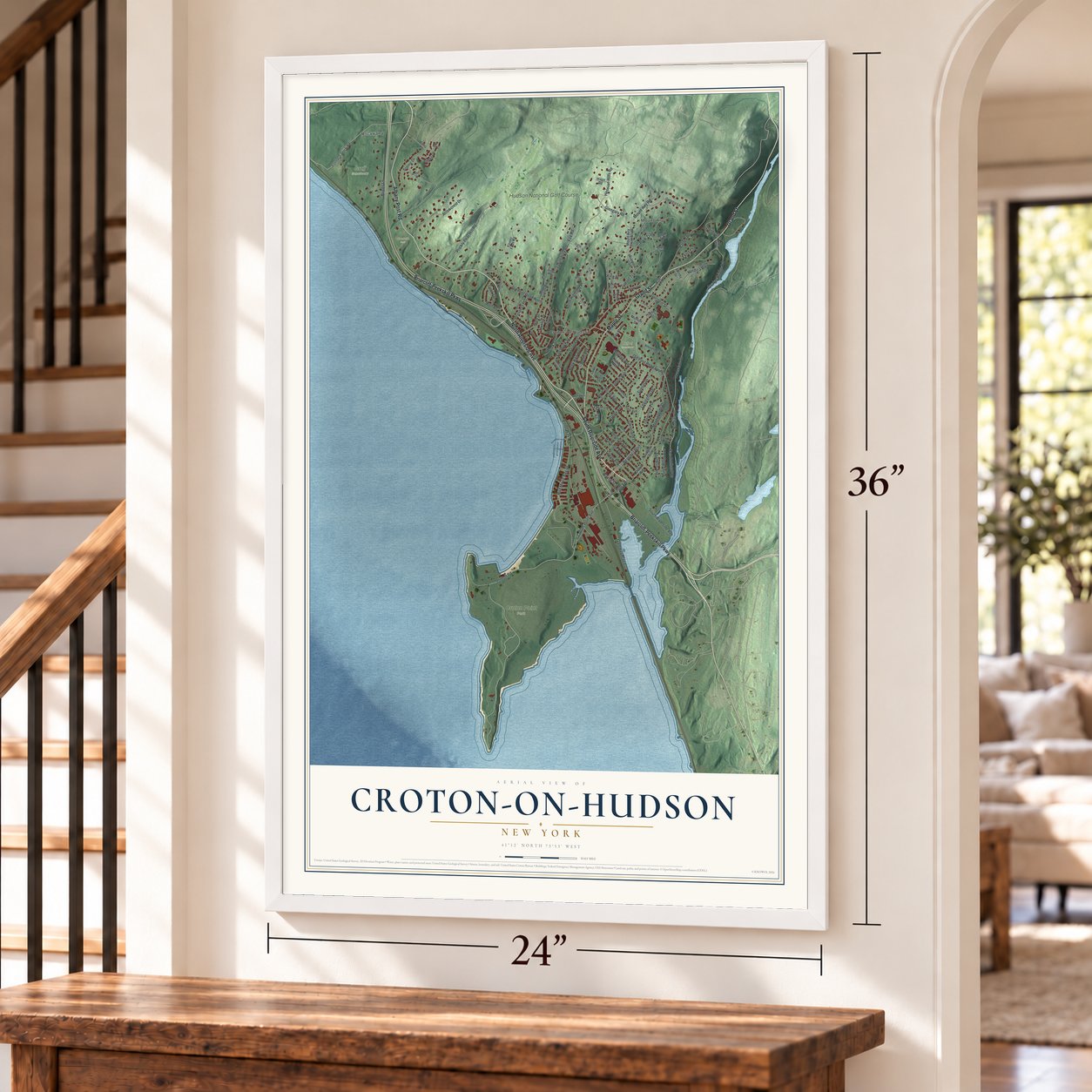 Croton-on-Hudson, New York map, 24 x 36 inch print in a white frame by a staircase