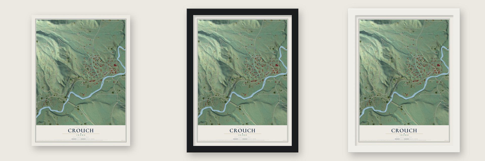 Crouch, Idaho map unframed, in a black wood frame and in a white wood frame