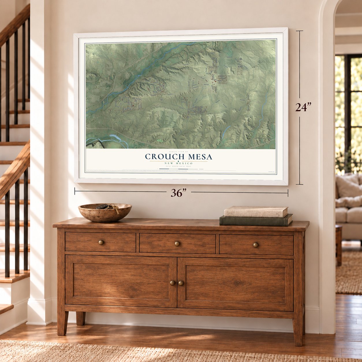 Crouch Mesa, New Mexico map, 24 x 36 inch print in a white frame above a dresser by a staircase