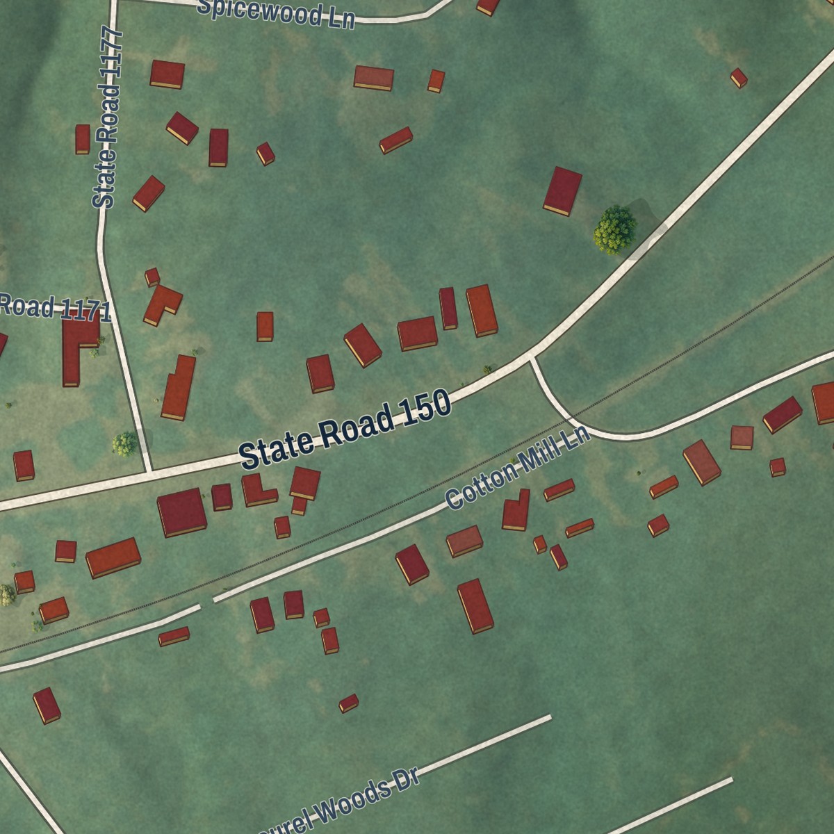 Second close-up of the map of Crouse, North Carolina print showing more streets and buildings