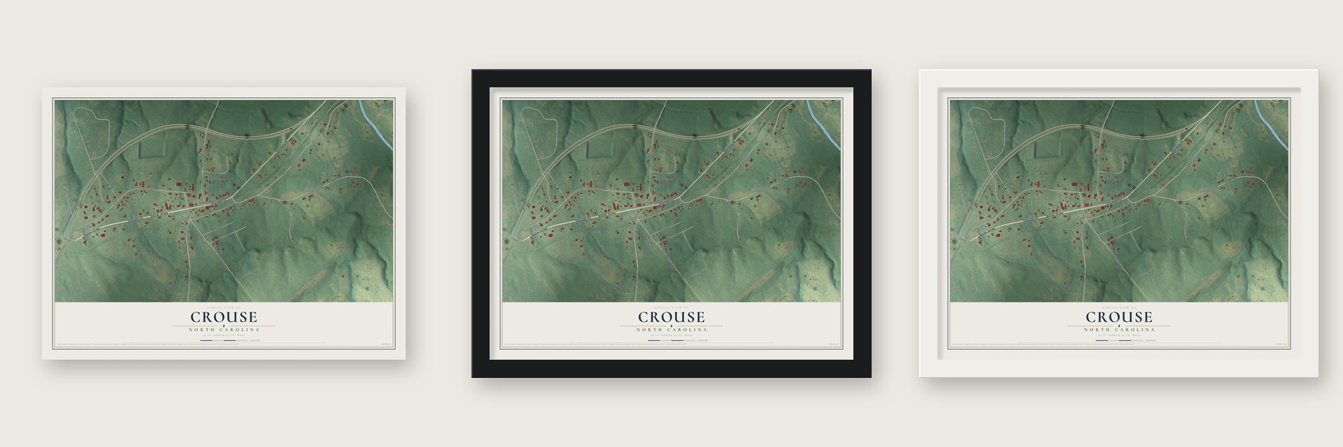 Crouse, North Carolina map unframed, in a black wood frame and in a white wood frame