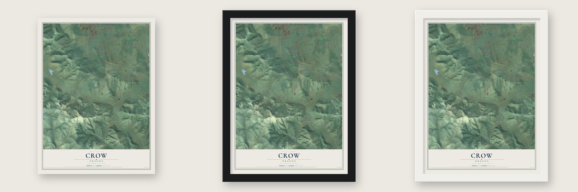 Crow, Oregon map unframed, in a black wood frame and in a white wood frame