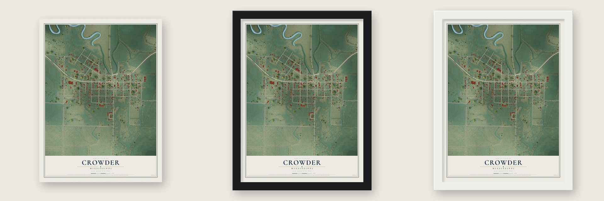 Crowder, Mississippi map unframed, in a black wood frame and in a white wood frame