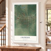 Crowder, Mississippi map, 24 x 36 inch print in a white frame by a staircase