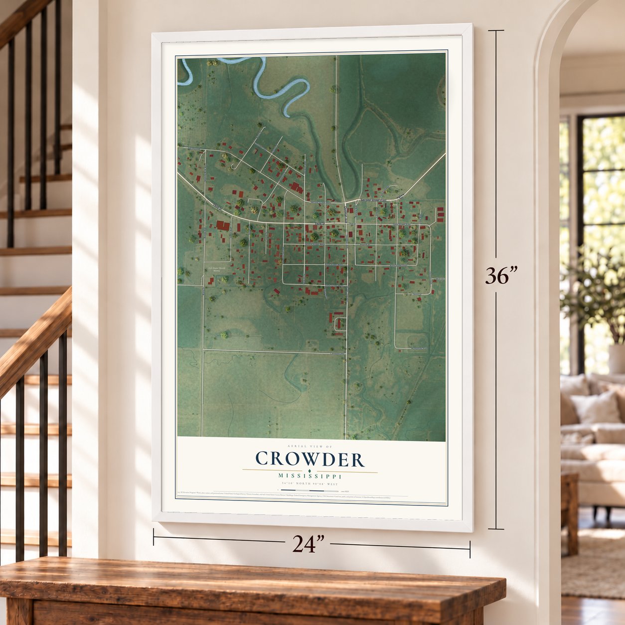 Crowder, Mississippi map, 24 x 36 inch print in a white frame by a staircase