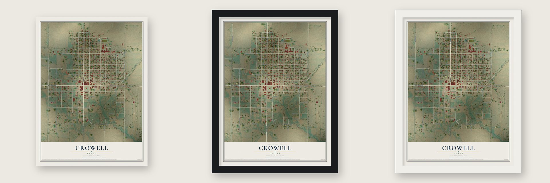 Crowell, Texas map unframed, in a black wood frame and in a white wood frame