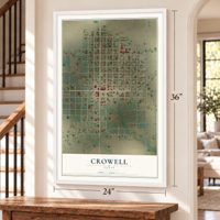 Crowell, Texas map, 24 x 36 inch print in a white frame by a staircase