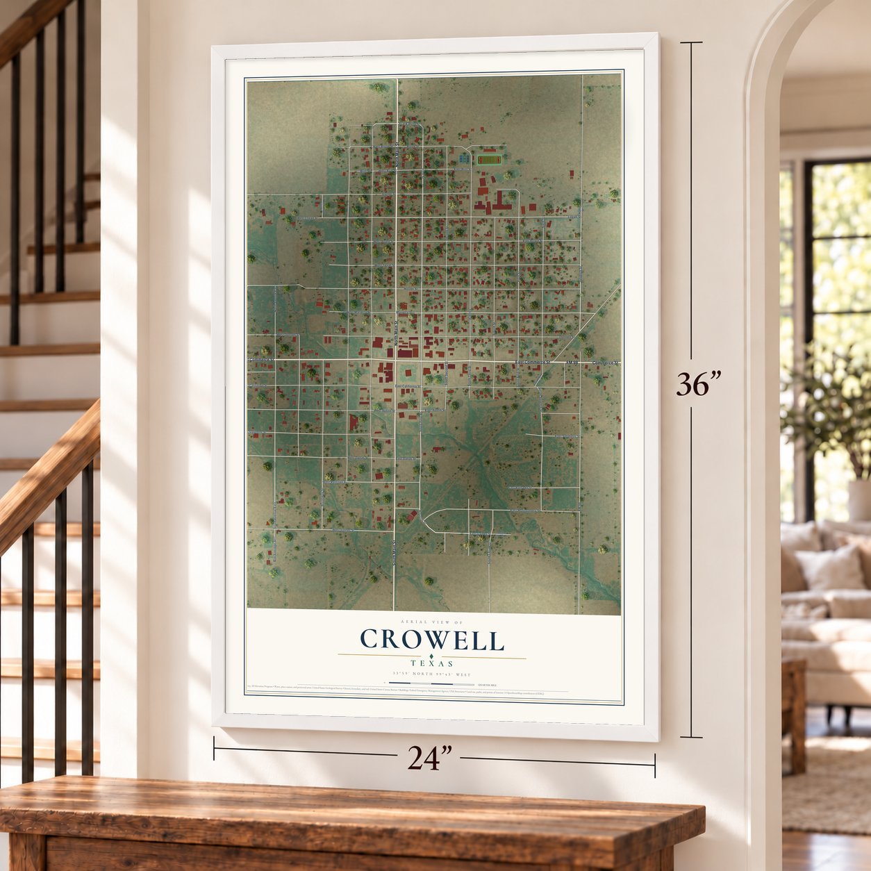 Crowell, Texas map, 24 x 36 inch print in a white frame by a staircase