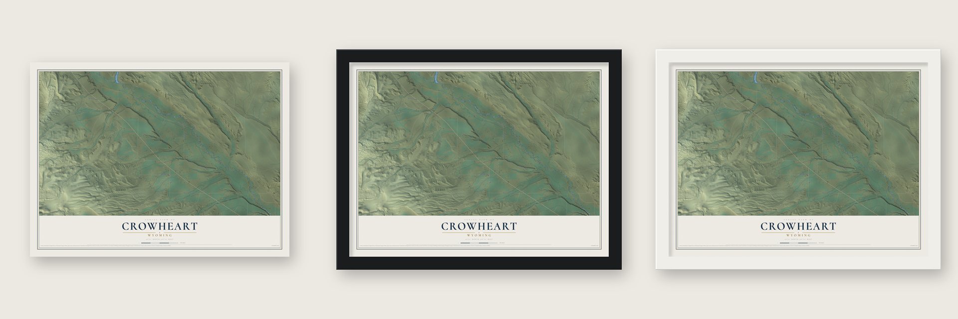 Crowheart, Wyoming map unframed, in a black wood frame and in a white wood frame