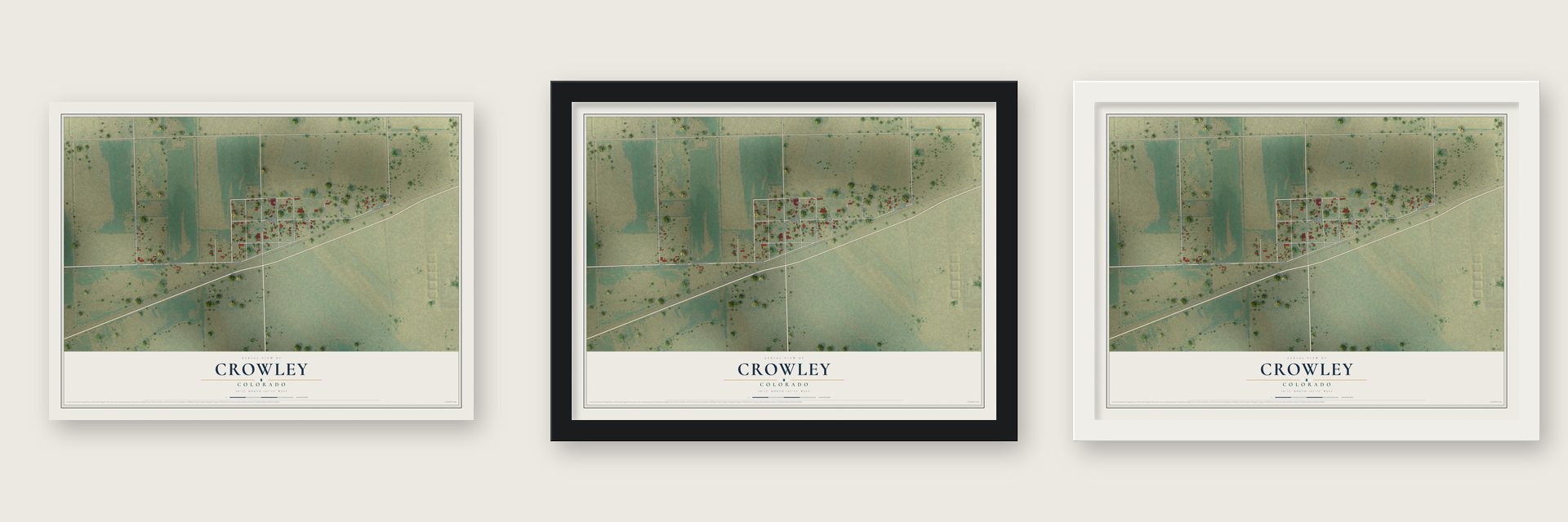 Crowley, Colorado map unframed, in a black wood frame and in a white wood frame