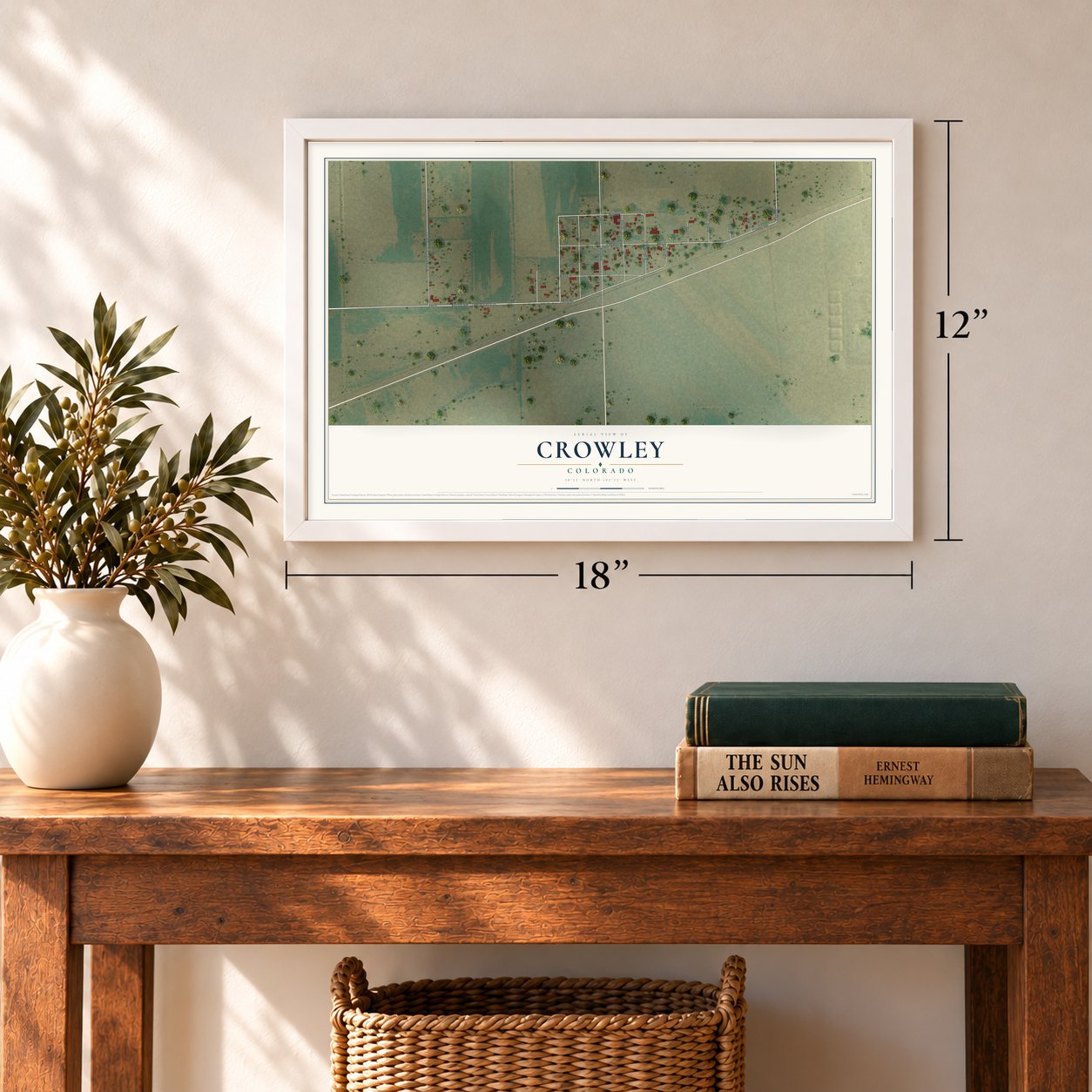 Crowley, Colorado map, 12 x 18 inch print in a white frame in an entryway
