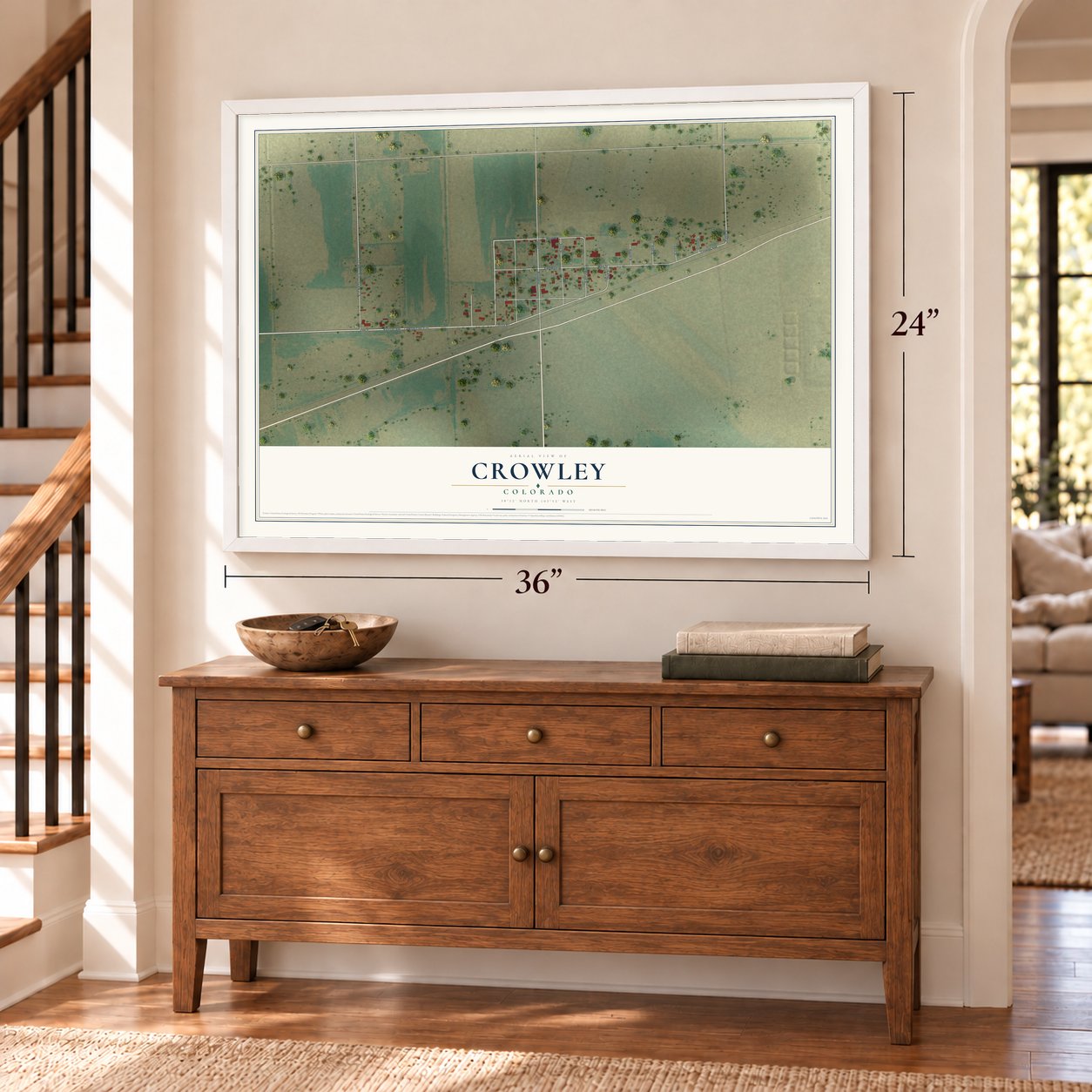 Crowley, Colorado map, 24 x 36 inch print in a white frame above a dresser by a staircase