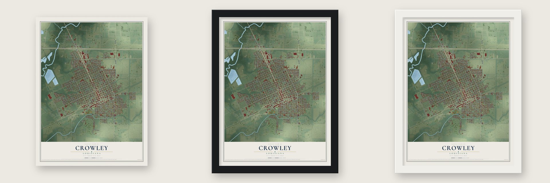 Crowley, Louisiana map unframed, in a black wood frame and in a white wood frame