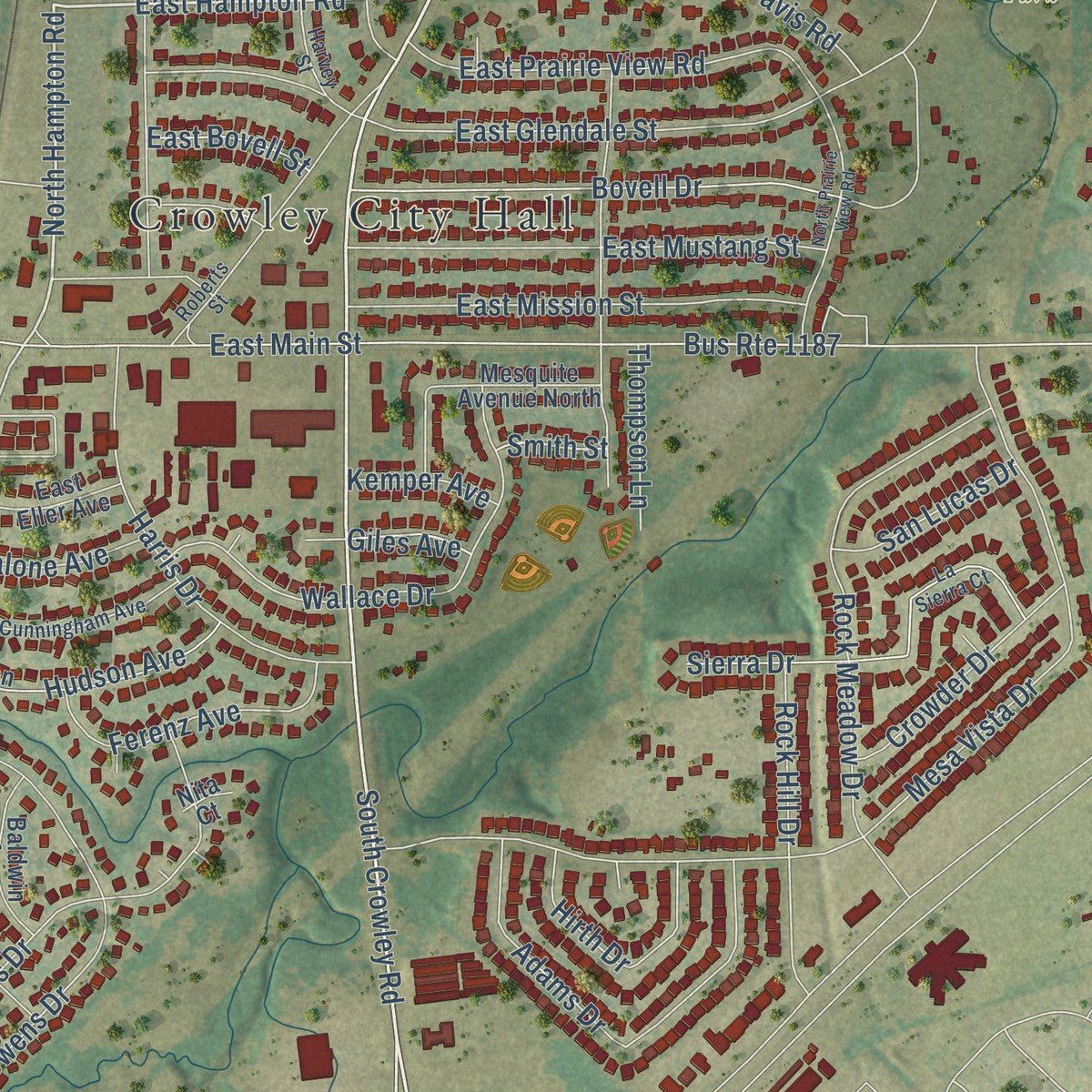 Second close-up of the map of Crowley, Texas print showing more streets and buildings