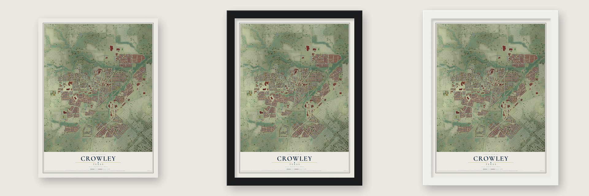 Crowley, Texas map unframed, in a black wood frame and in a white wood frame