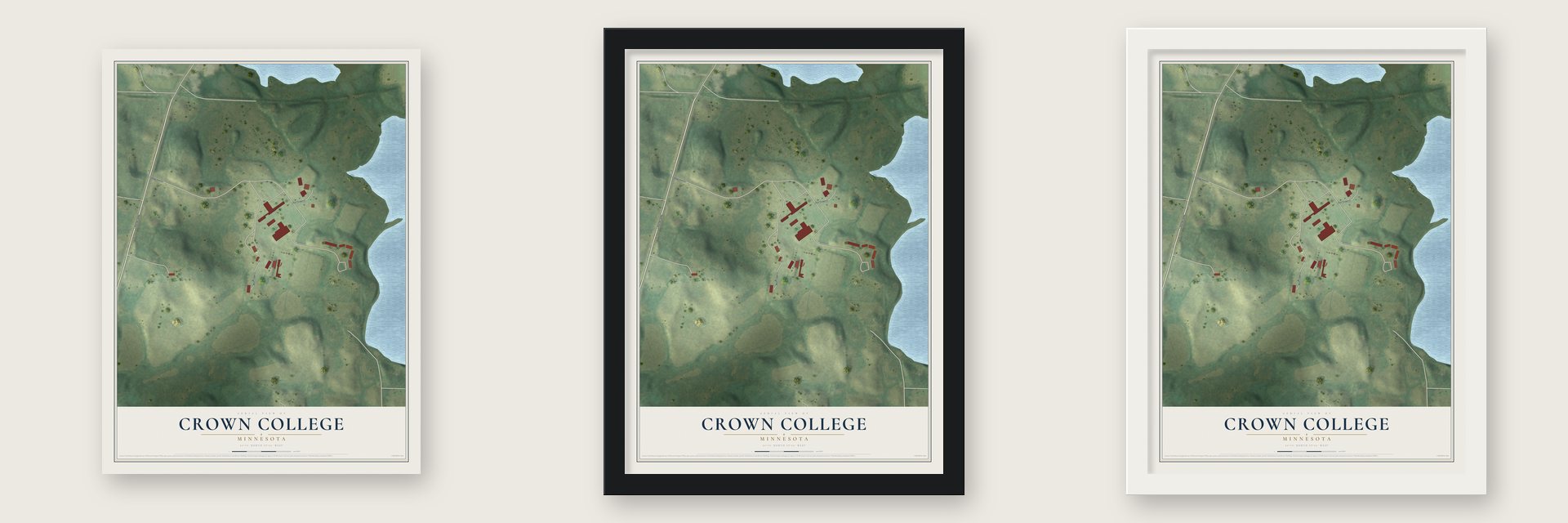 Crown College, Minnesota map unframed, in a black wood frame and in a white wood frame