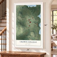 Crown College, Minnesota map, 24 x 36 inch print in a white frame by a staircase