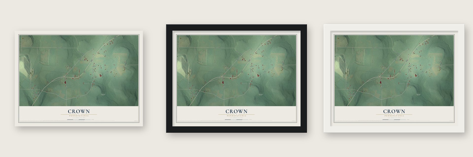 Crown, Pennsylvania map unframed, in a black wood frame and in a white wood frame