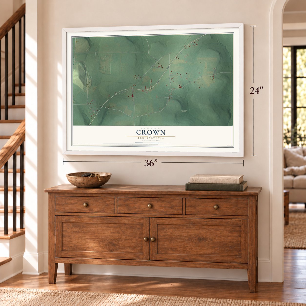 Crown, Pennsylvania map, 24 x 36 inch print in a white frame above a dresser by a staircase