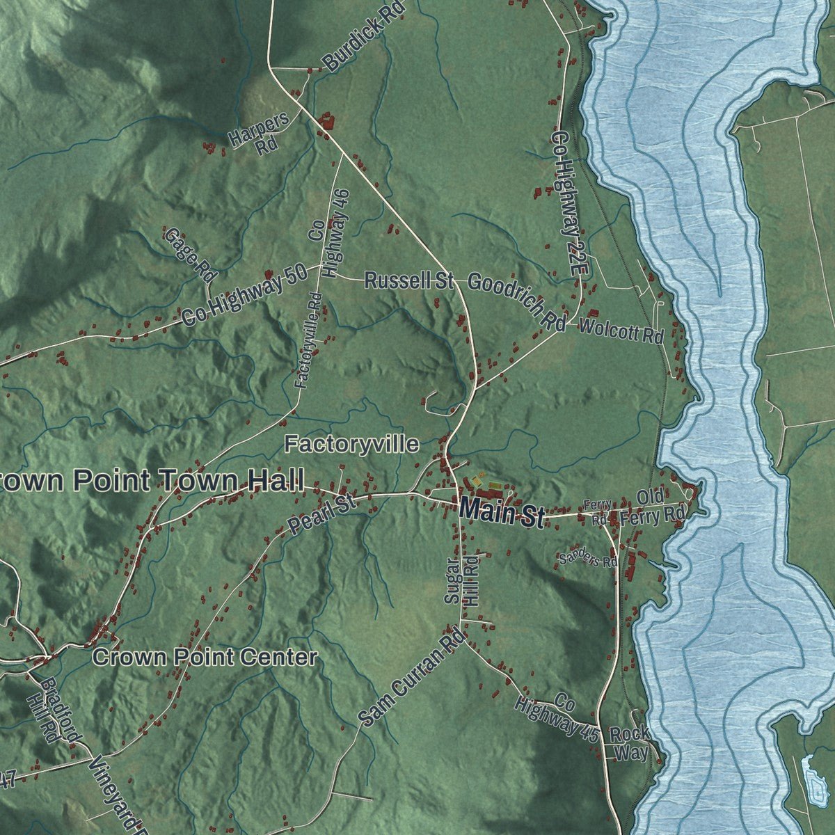 Second close-up of the map of Crown Point, New York print showing more streets and buildings