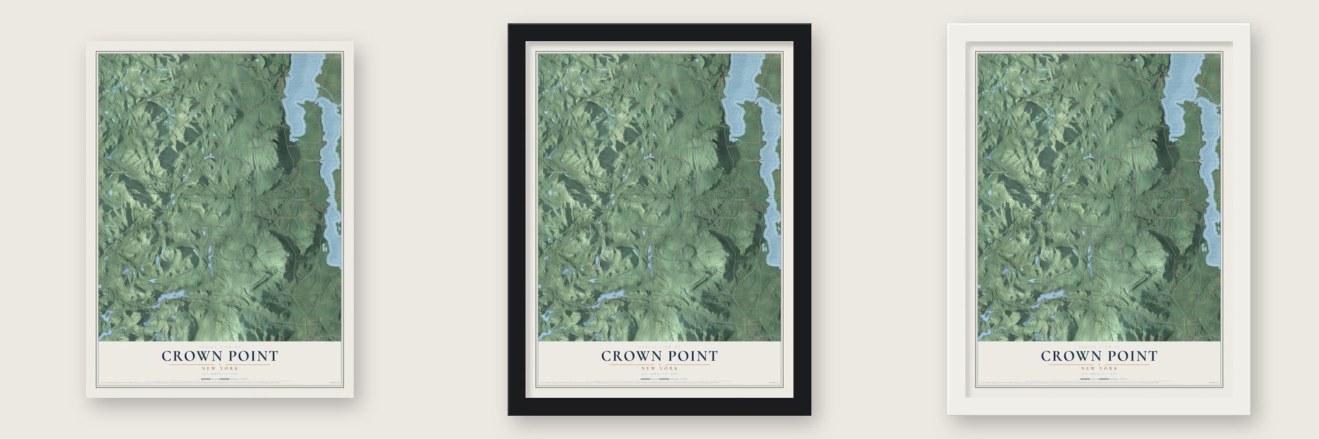 Crown Point, New York map unframed, in a black wood frame and in a white wood frame